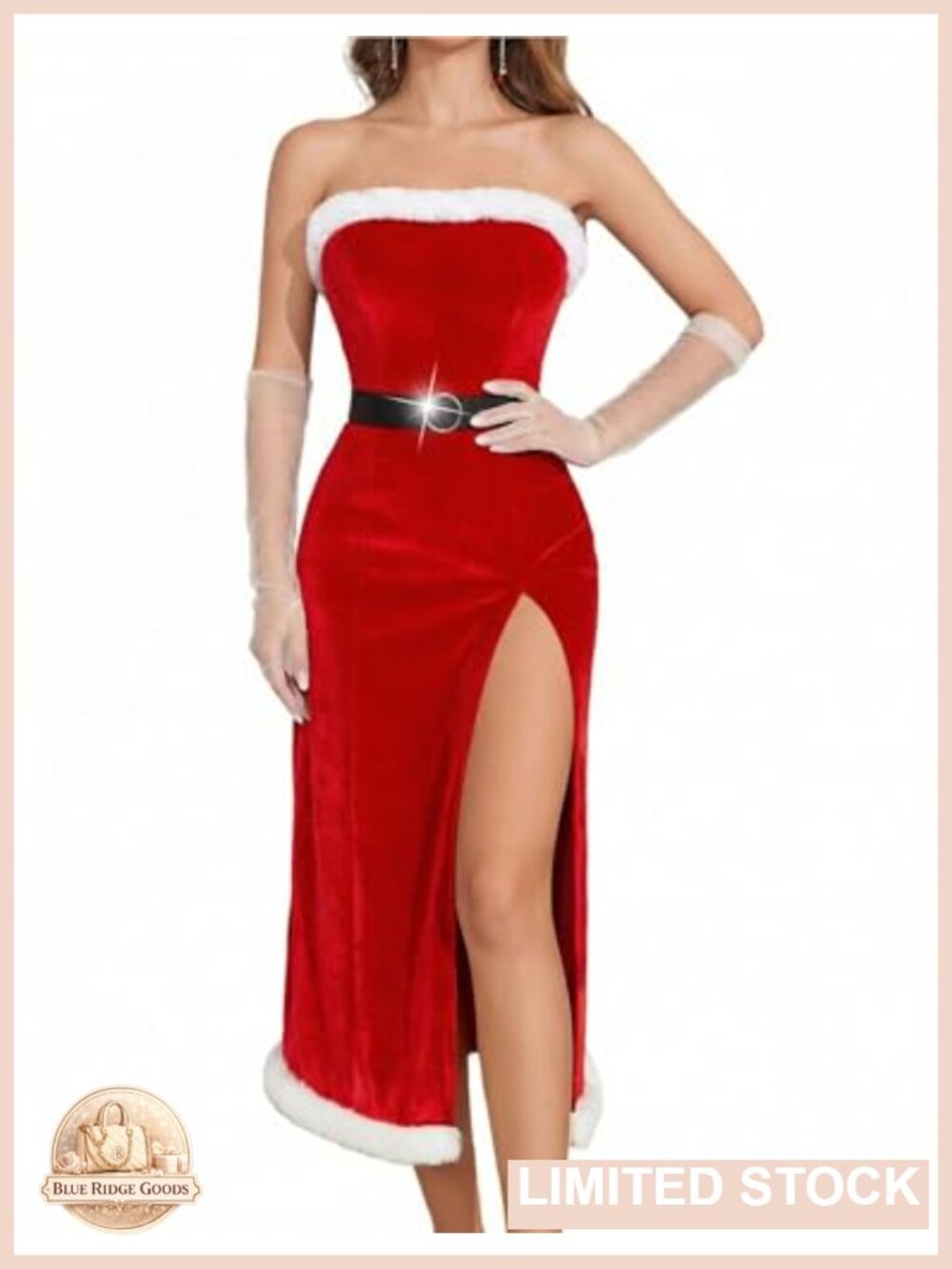 Velvet Santa Lingerie Dress with Belt Fur Trim Midi Holiday Costume